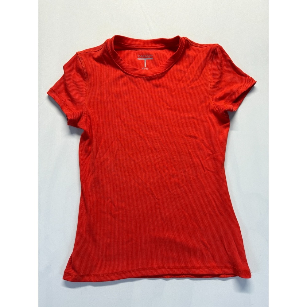 Tahari Tee Shirt Womens XS Red Tight Knit‎ Cap Sleeve Casual Wear Ribbed Top